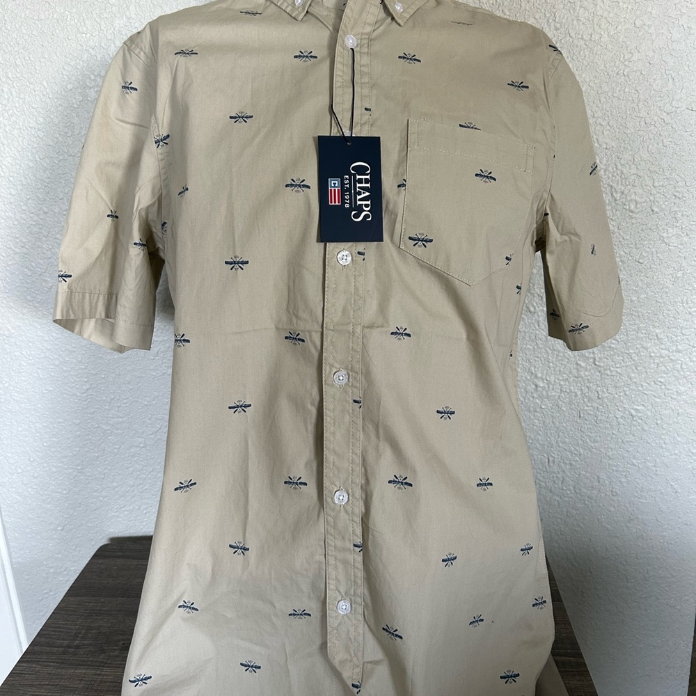Chaps Tan Casual Button Down Shirt with Marine Print